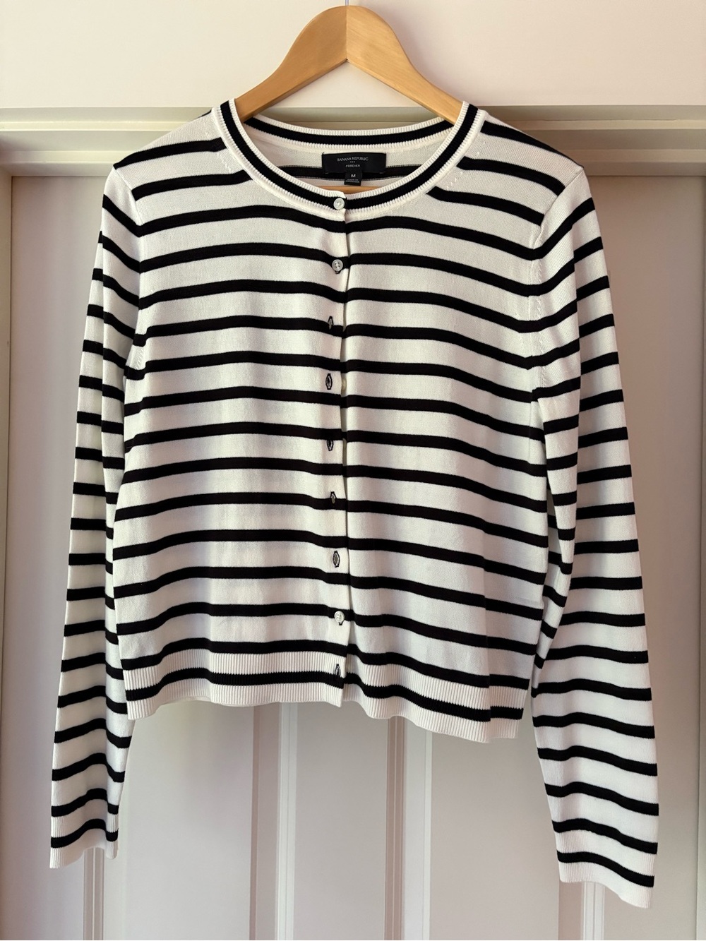 Banana Republic Factory Black & White Striped Button-Front Crewneck Cardigan